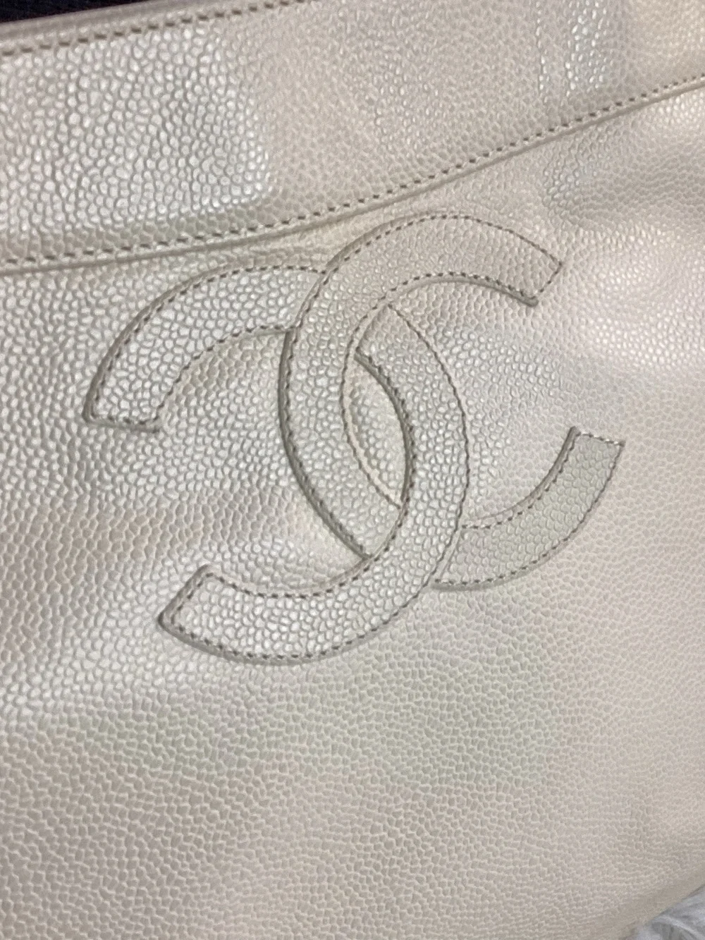 CHANEL Beige Caviar Leather CC Stitch Tote